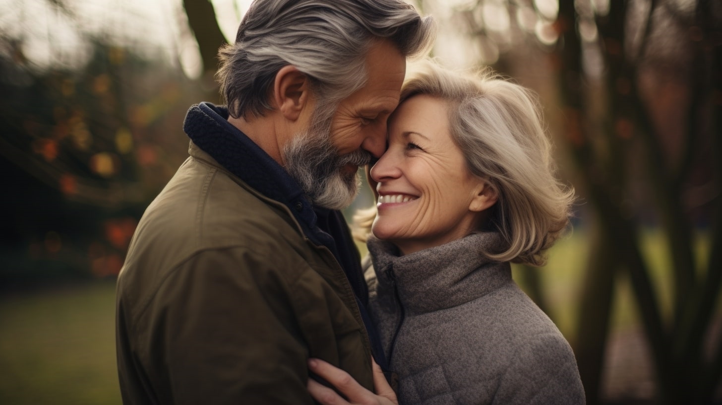 Two people sharing a warm, tender moment outdoors — finding connection after loss